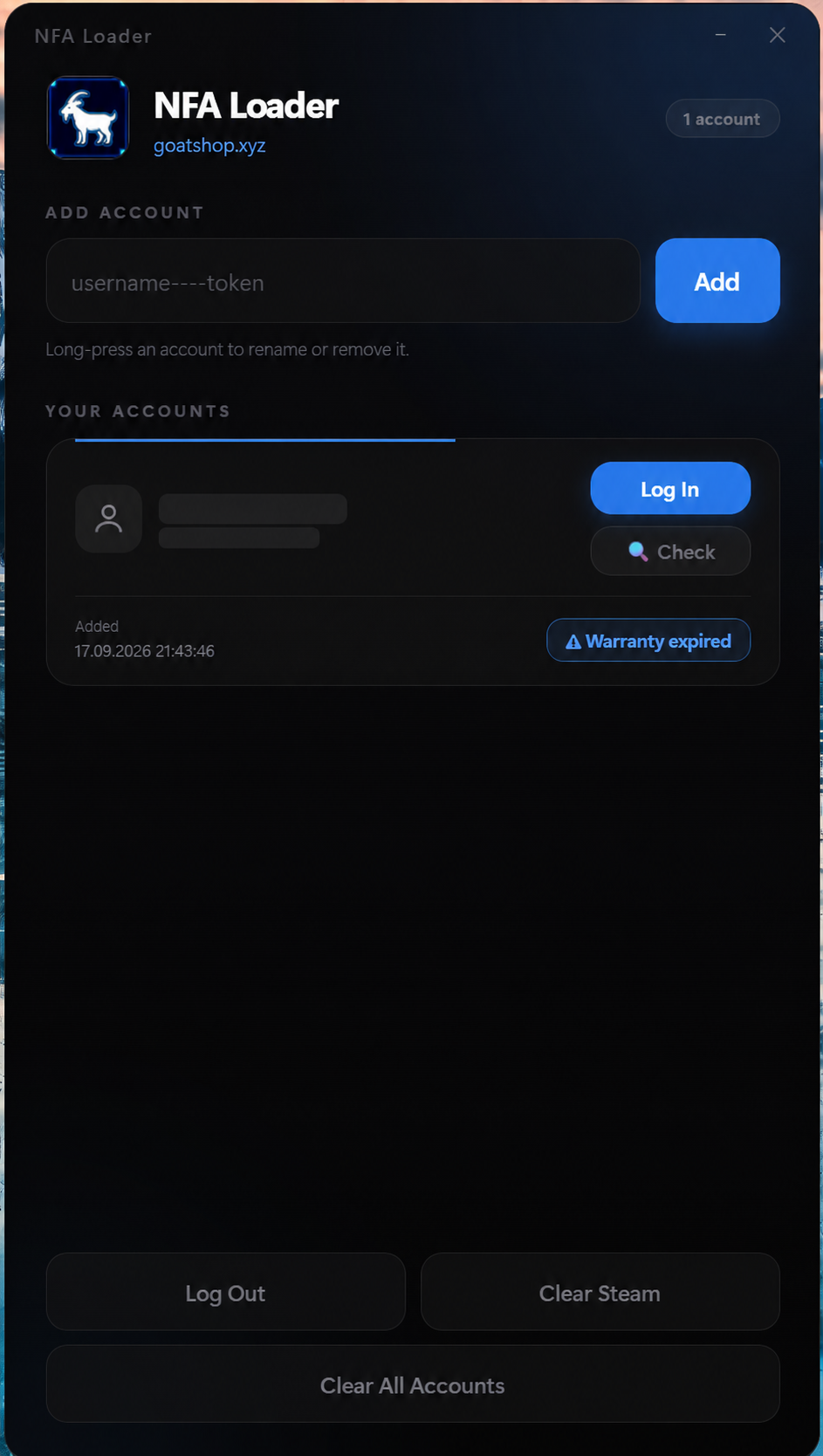 NFA Loader showing the Add account field and account controls